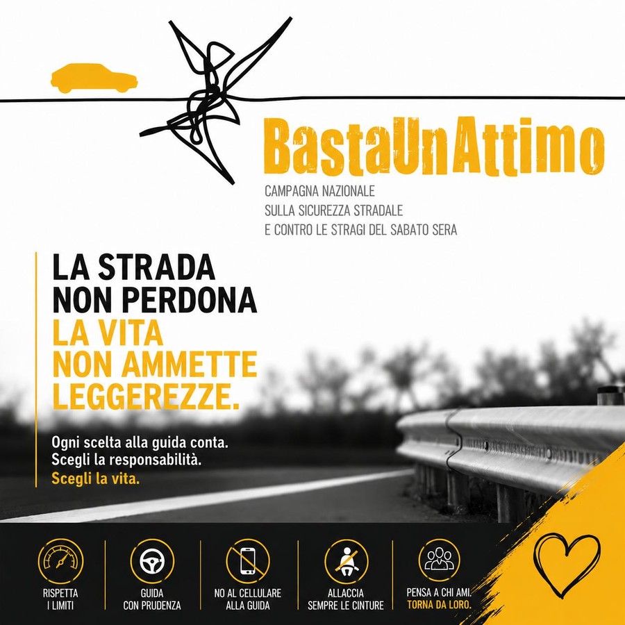Grafica della campagna BastaUnAttimo con messaggio sulla sicurezza stradale